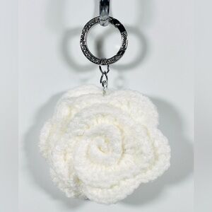 White Crochet Flower Bag Charm W/Silver Tone Bling Ring